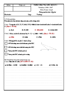 Đề và đáp án kiểm tra định kì cuối học kì I Toán lớp 4 - Năm học 2016-2017